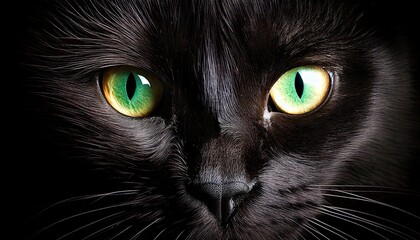 Black Cat Face with Glowing Eyes in the Dark