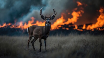 Fototapeta premium Wild deer surrounded by fire and smoke in a forest setting