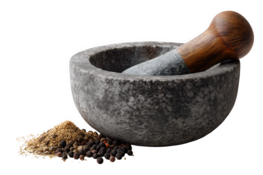 Gray Stone Mortar And Pestle With Brown Wooden Handle And Assorted Spices On Transparent Backgrounds