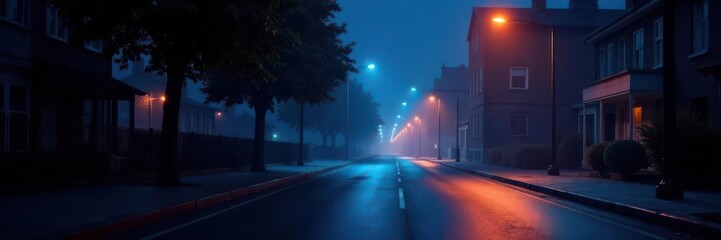 Empty dark street, blue night, single burning flame, smoke rising , dramatic, illustration