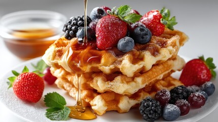 a stack of fresh waffles with syrup and fruits on a white isolated background, indulgent and sweet design
