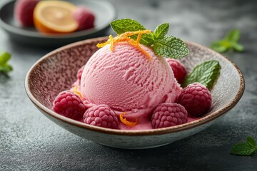 Raspberry ice cream dessert, mint garnish, close-up