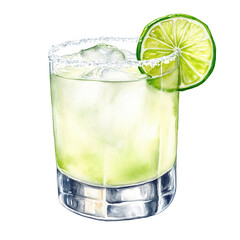 PNG Tommy's Margarita cocktail with lime wheel and ice cubes in a clear lowball glass. Watercolor illustration isolated on transparent background. Tequila-based summer drink. Mexican cocktail concept 