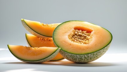 Stacked Japanese melons, honey melons, or cantaloupes (Cucumis melo) isolated on white background