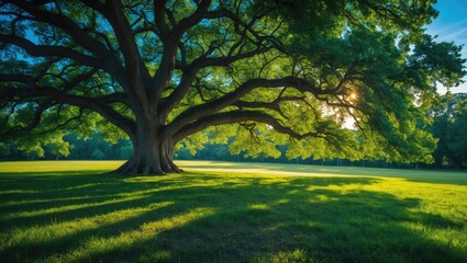 Obraz premium Beautiful landscape capture of a grand oak tree in an open field against a sunny sky.