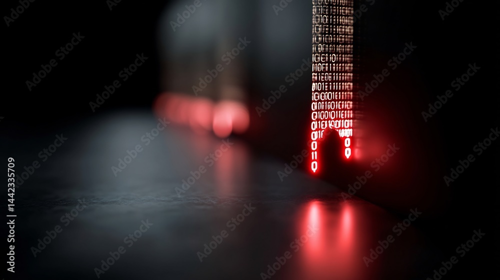 Poster digital descent: red binary code cascade in a dark, reflective space