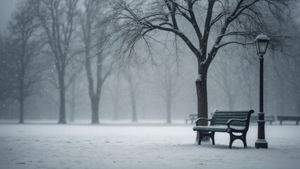 Frigid winter morning at the park showcasing an empty bench and street lamp beneath a bare tree covered in snow. Calm seasonal atmosphere, chilly air, and snowflakes falling. Still view, frosty day.