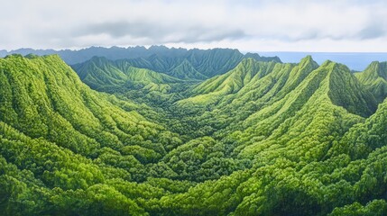 Obraz premium Aerial perspective of forested peaks blending into bright, fresh green landscapes