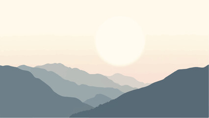 Mountain landscape with sunset view. Mountain range. Vector illustration.