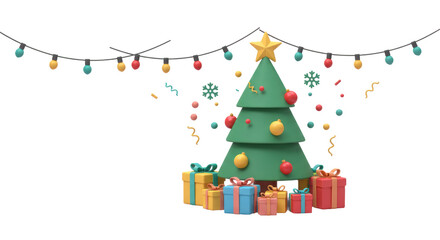 Isolated Christmas Tree with Lights Confetti and Gifts