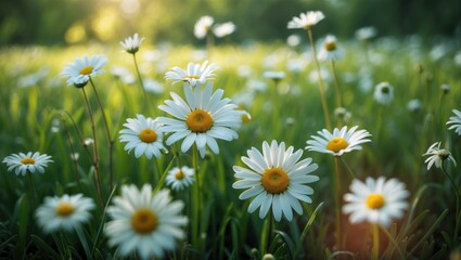 Fototapeta premium Daisies and white chamomiles thriving in a grassy meadow. Gardening concept with wild flowers.