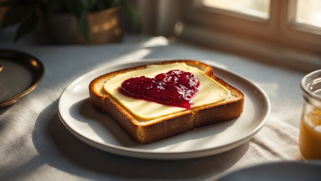 Heart-shaped jam on toast served at breakfast