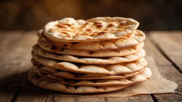 Table with fresh kuboos or khubz (pita bread) arranged side by side