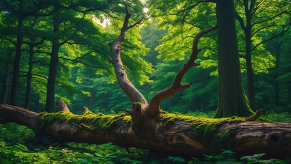 Fototapeta premium Oak branch in the forest surrounded by tall trees