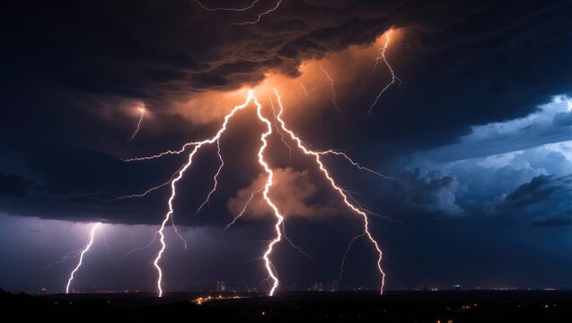 Skyline illuminated by lightning during the night