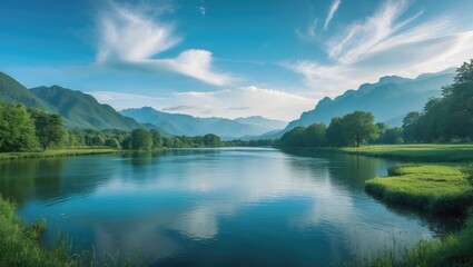 A peaceful landscape featuring a serene sky with wispy clouds, majestic mountains, and a gentle flowing river bordered by verdant trees