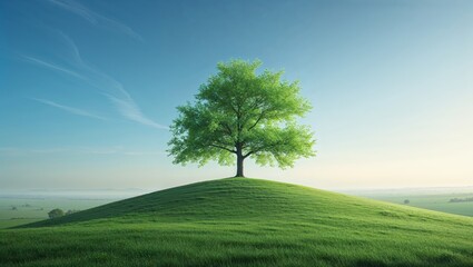 Fototapeta premium Lone verdant tree on a grassy hilltop under a clear blue sky during the morning light