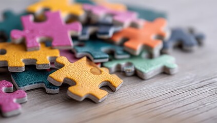 Colorful jigsaw puzzle pieces scattered on a wooden surface, emphasizing creativity and problem-solving.