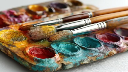 Obraz premium a colorful paint palette with brushes on a white isolated background, creative and artistic design