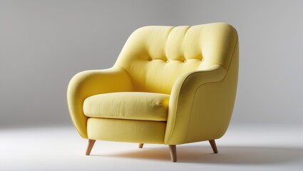 Wide retro-style armchair featuring yellow upholstery and wooden legs, isolated on a plain white background