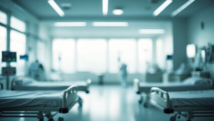 Fototapeta premium Fuzzy background. Blurred health facility, an office or medical establishment showcasing panoramic windows and viewpoint.