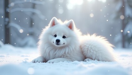 Cute Fluffy White Puppy Lying in the Snow