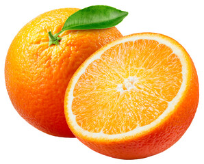 Orange isolated png. Whole orange and a half on transparent background. Orang fruit with leaf and slice no background. Full depth of field. Transparent png composition.