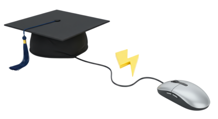 Isolated Graduation Cap Connected to Computer Mouse via Lightning Bolt, Representing Online Education