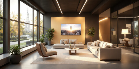 Fototapeta premium AI-powered remote work office with smart technology for collaboration, ergonomic furniture, and warm accent lighting. A remote work office designed