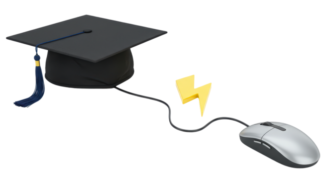 Isolated Graduation Cap Connected to Computer Mouse via Lightning Bolt, Representing Online Education