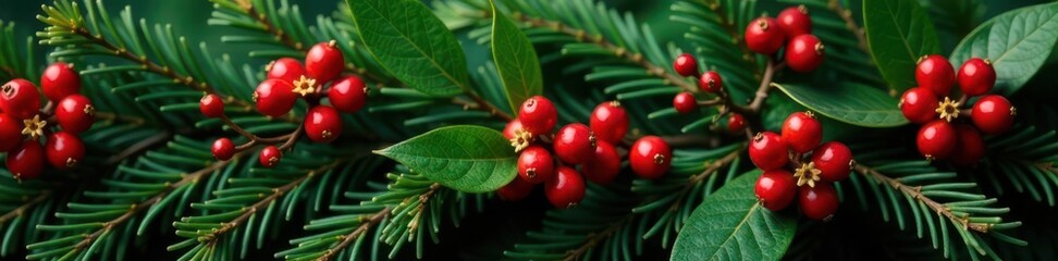 Vibrant red holly berries nestled amongst lush green pine boughs, forming a classic Christmas wreath , design element, vector