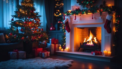 Obraz premium Living room home decor featuring a fireplace and a tree