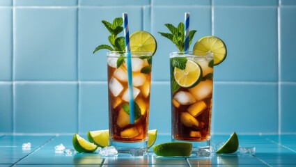 Chilled Long Island Iced Tea Cocktail with Strong Alcohol, Cola, Lime, and Ice in Dual Glasses on a Light Blue Tiled Surface