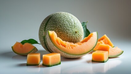 White background with whole and cut melons