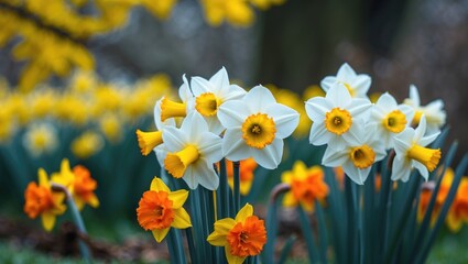 Obraz premium Bright yellow leaves serve as the background for blooming daffodils in soft focus, forming a luminous scene