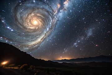 Spiral Galaxy Over Mountain Landscape