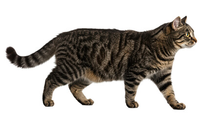 Isolated Walking Striped Tabby Cat Profile View