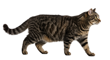 Isolated Walking Striped Tabby Cat Profile View