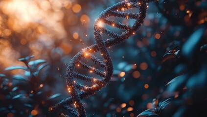 Sparkling dna helix in a mystical natural setting.