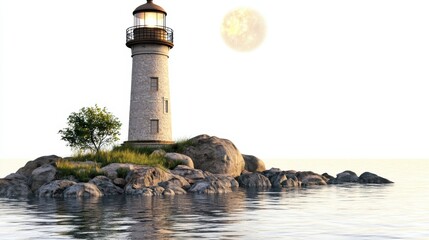 Beautiful lighthouse on rocky island with calm water and bright sun in clear sky