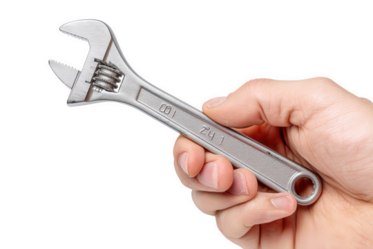 Hand Holding Adjustable Wrench On Transparent Backgrounds