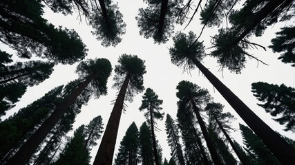 Tall trees reach toward a cloudy sky in a serene forest setting during early morning