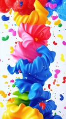 Fototapeta premium A vibrant stack of colorful, swirling shapes with confetti, suggesting playfulness and creativity.