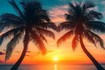 Serene tropical sunset silhouette of two palm trees framing a vibrant orange and golden sky over a calm ocean at dusk
