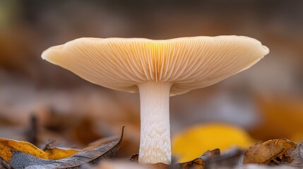 A single mushroom with a yellow center stands out against a blurred background of fallen leaves and twigs.
