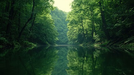 Obraz premium A serene forest scene with a calm river reflecting the surrounding trees.