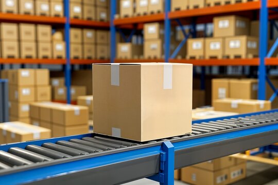 cardboard boxes on conveyor rollers ready to be shipped by courier for distribution concept cajas de cart&oacute;n sobre rodillos transportadores listas para ser enviadas por mensajer&iacute;a para su distribuci&oacute;n