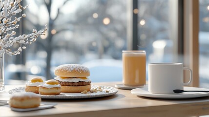 Winter Breakfast: Powdered Donuts, Coffee, and Snowy View breakfast winter donut donuts coffee cup