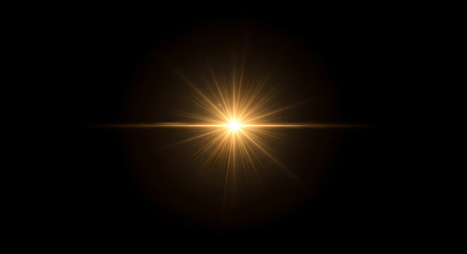 Golden starburst light effect overlay on black background, abstract bright sun ray element designed for graphic projects and photoshop edits and design