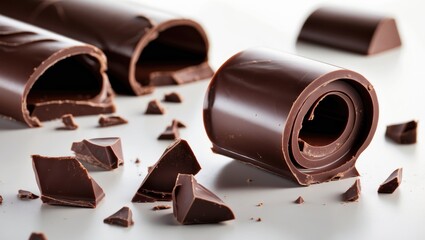 Broken chocolate parts and chocolate curl on white background with clipping path